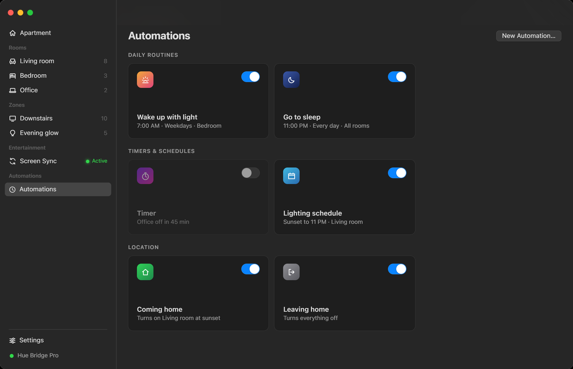 The Automations screen: cards grouped under Daily routines, Timers and schedules, and Location, each with its schedule in plain words