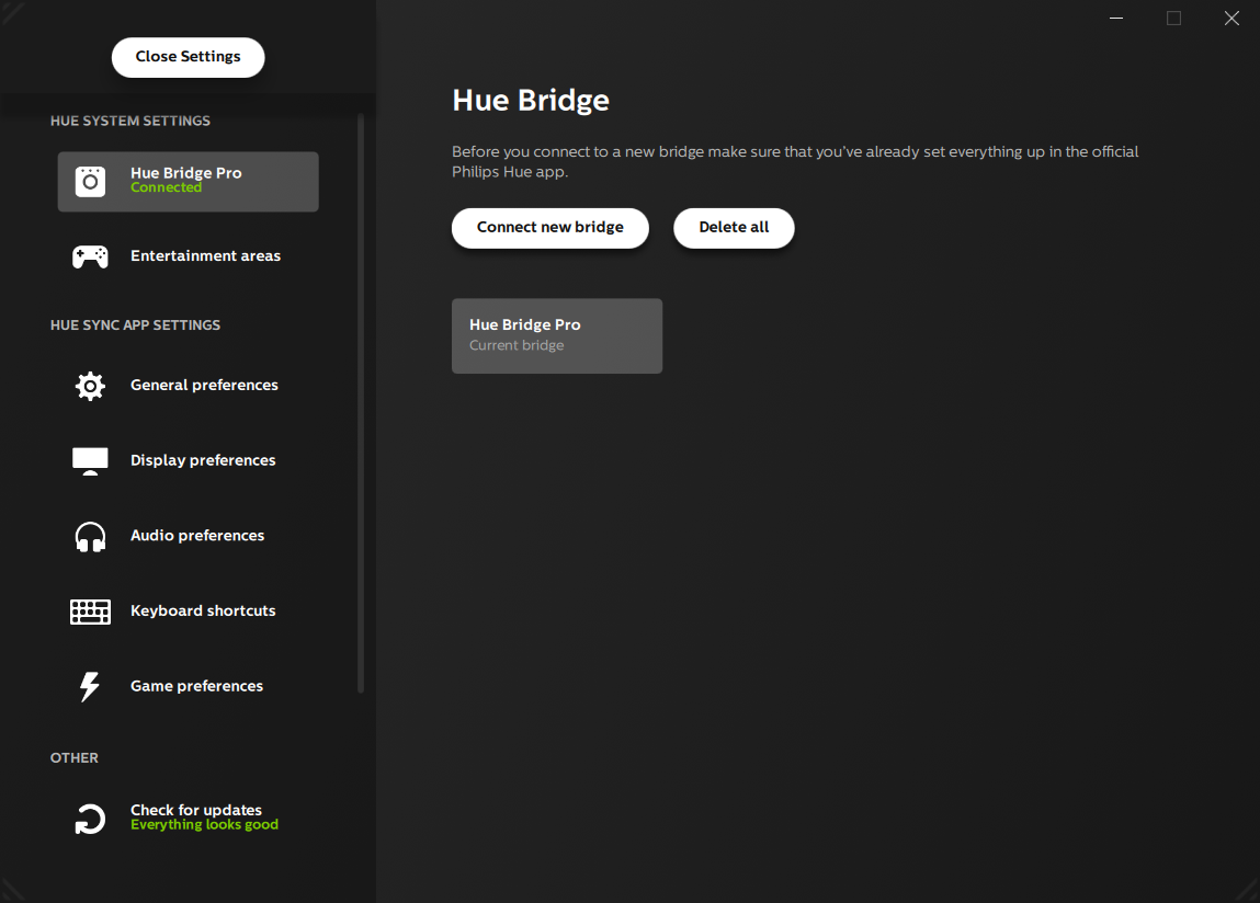 The official app's settings window: preference categories on the left, one bridge listed on the right
