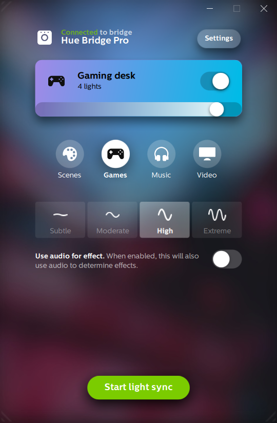 The official Philips Hue Sync desktop app: a narrow portrait window with one entertainment area, four mode buttons, and a green Start button