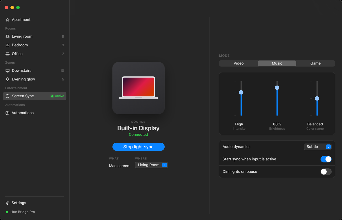 The Screen Sync screen: the source display and a Stop button on the left, intensity, brightness, and color range sliders on the right