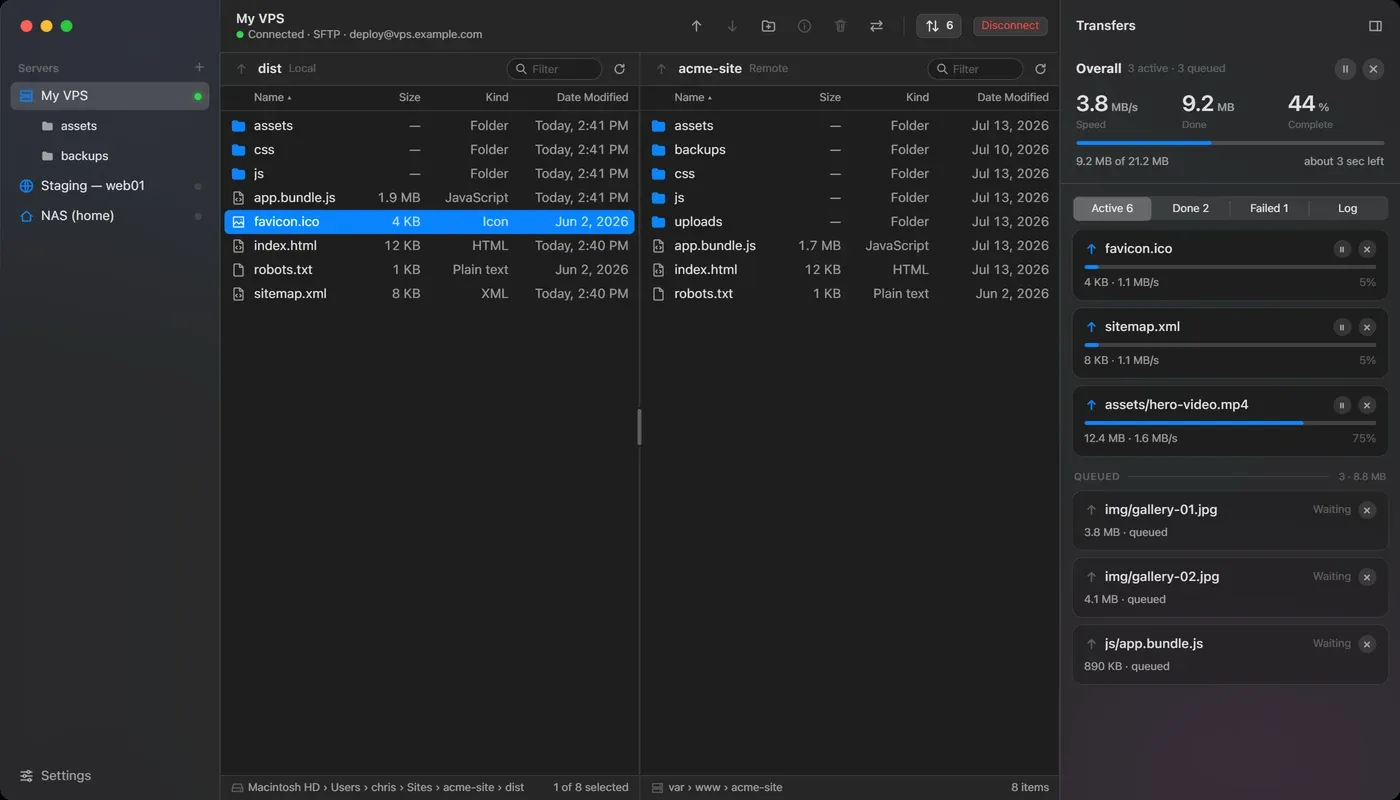The Transfers inspector open on the right: overall throughput, Active, Done, Failed and Log tabs, and a progress card per file