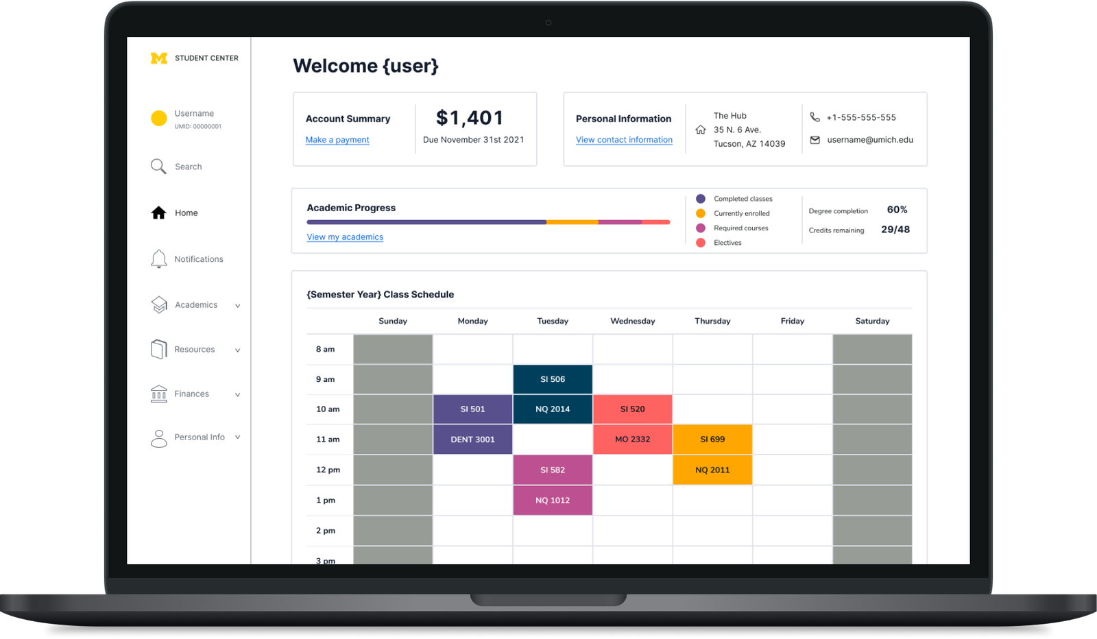 Redesigned Student Center homepage with account summary, personal information, academic progress bar, and a color-coded weekly class schedule