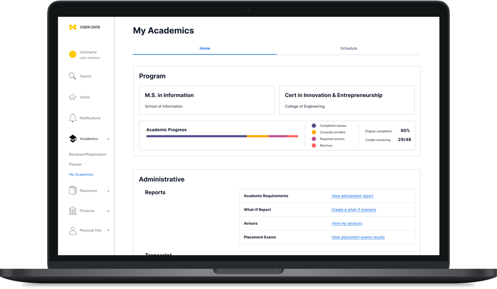 My Academics home tab showing program, degree progress, and administrative reports