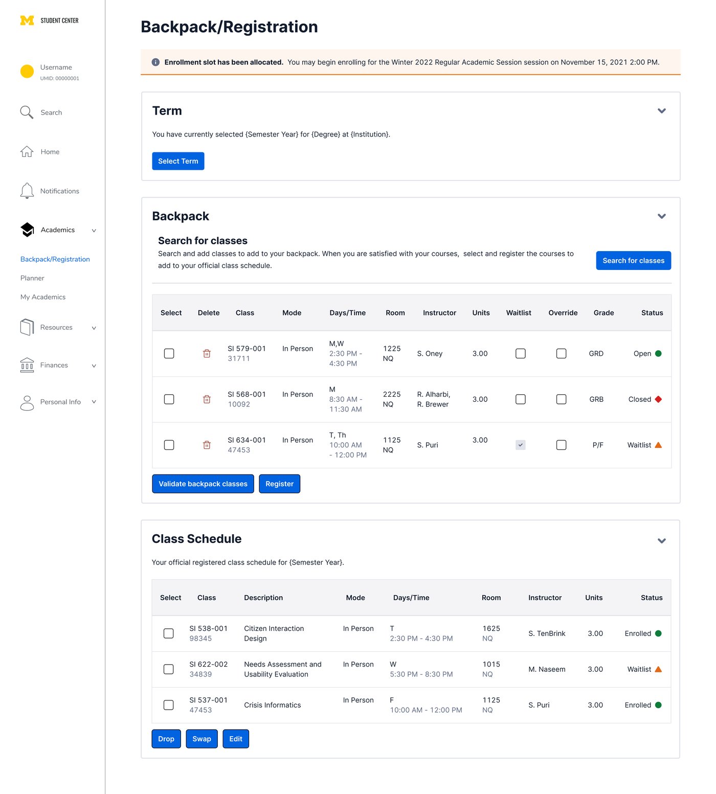 Full-page view of the redesigned Backpack/Registration screen: term selector, backpack search results, and class schedule stacked on one page