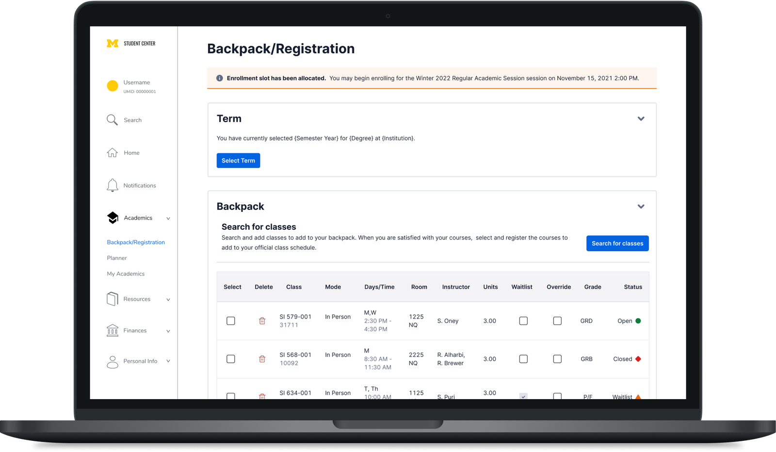 Backpack/Registration screen on a laptop, with an enrollment-date notice and the backpack search results