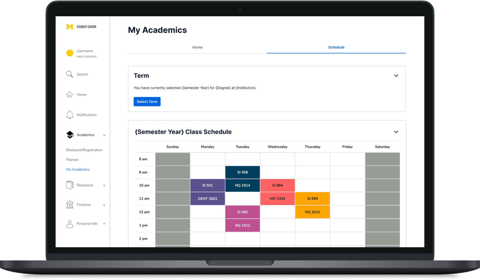 My Academics schedule tab with a color-coded weekly calendar