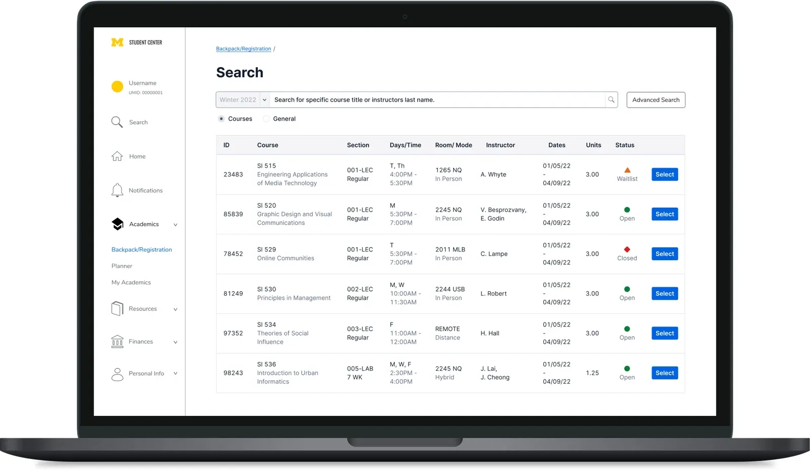 Class search results table with course ID, section, days and times, instructor, and status