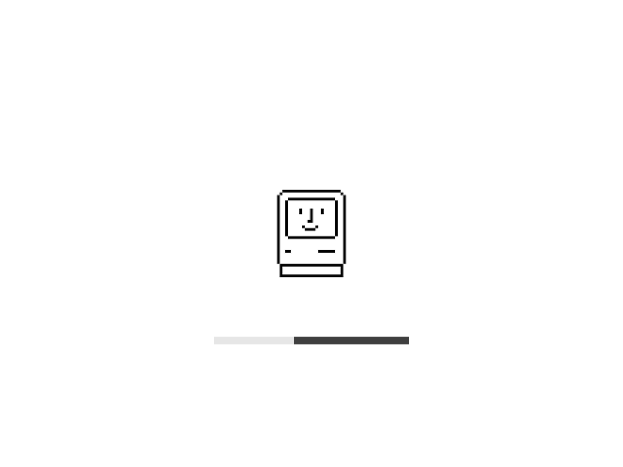 Boot splash screen: a pixel-art Happy Mac above a half-filled progress bar on a black-and-white checkerboard background