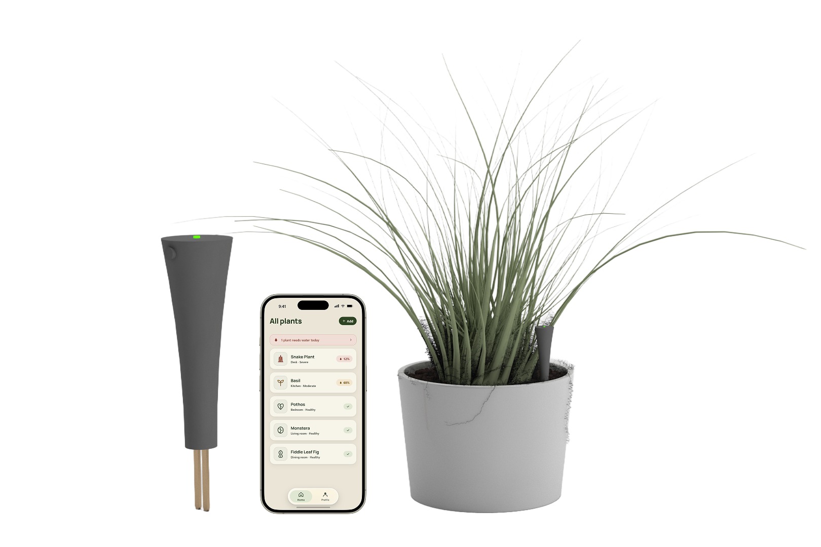 Plantify soil sensor stick and companion app beside a potted grass plant