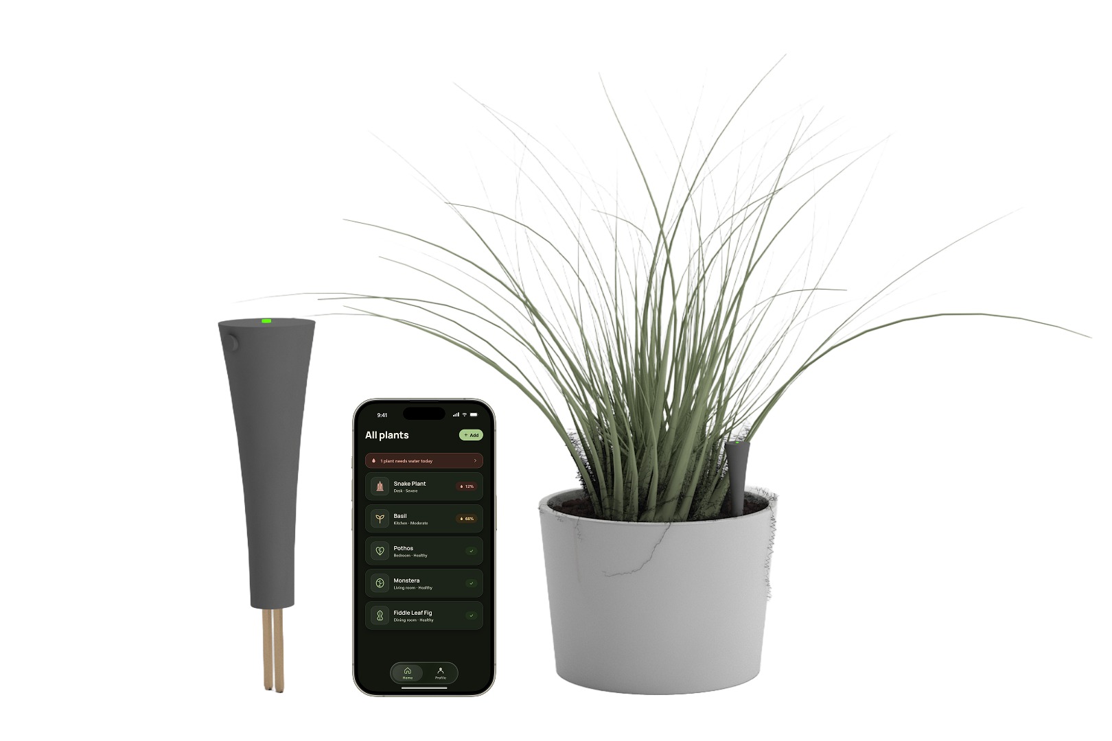 Plantify soil sensor stick and companion app beside a potted grass plant