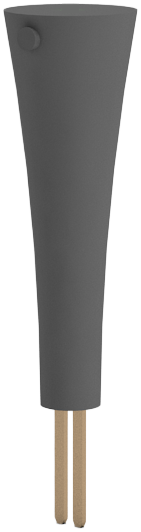The Plantify sensor stick: a tapered housing with an indicator on the top face, a sync button on the shoulder, and two soil probes below.