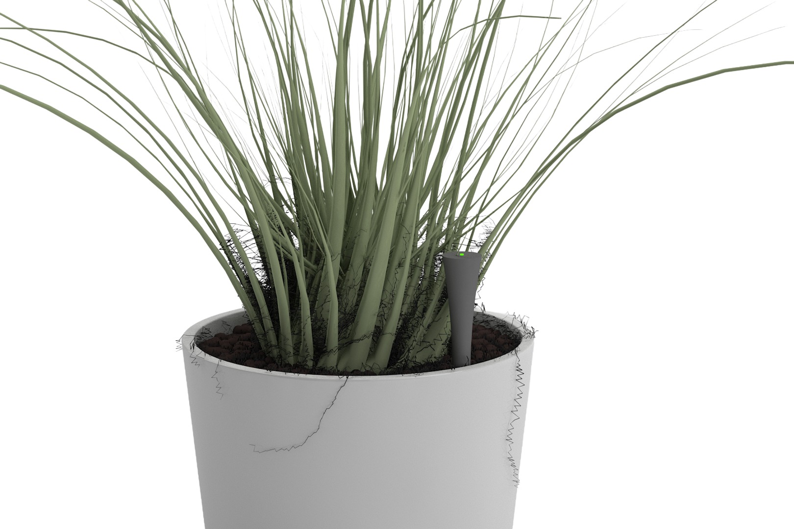 Close-up render of the Plantify sensor stick inserted into a potted plant