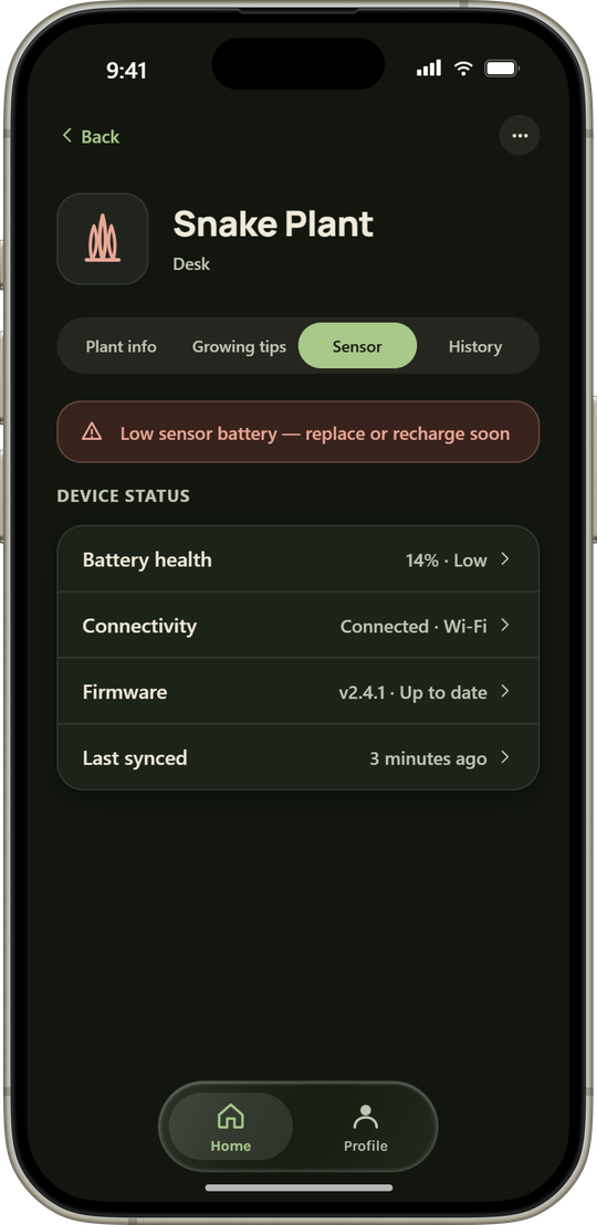 Sensor tab showing a low battery warning above battery health, connectivity, firmware, and last sync