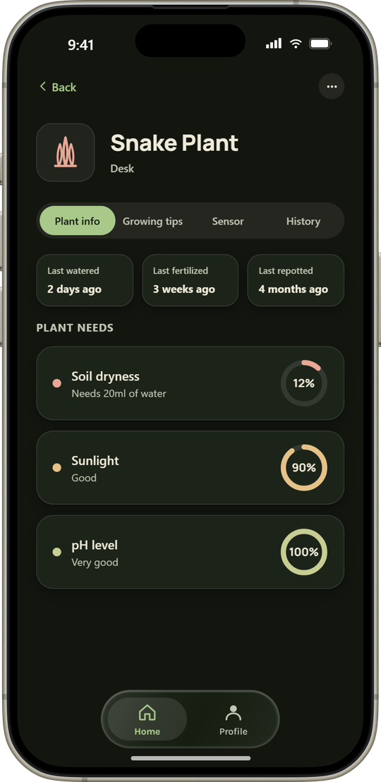The 2026 plant info screen with a care summary row and four tabs