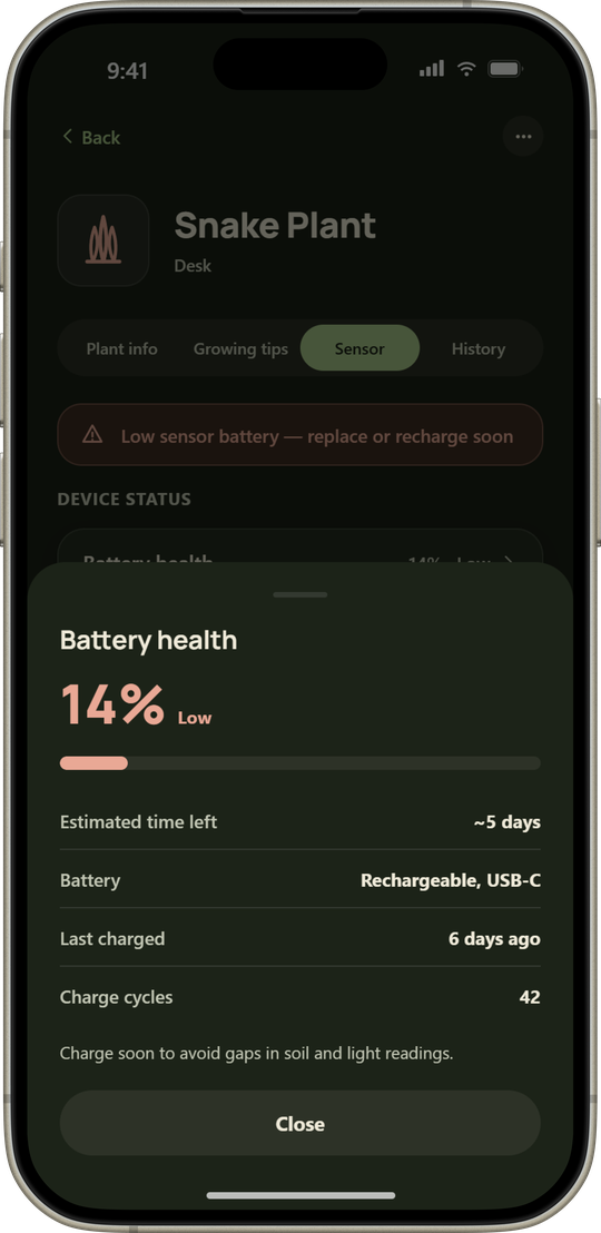 Battery health sheet showing 14 percent, days remaining, a rechargeable USB-C cell, and charge cycles