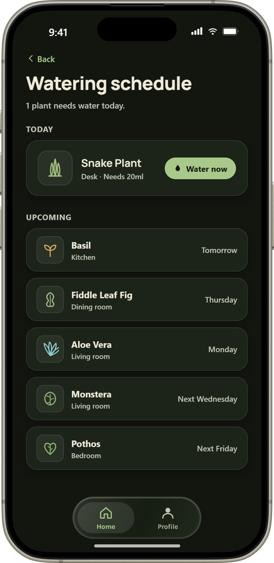 Watering schedule listing the plant due today with a water now action, and the week ahead