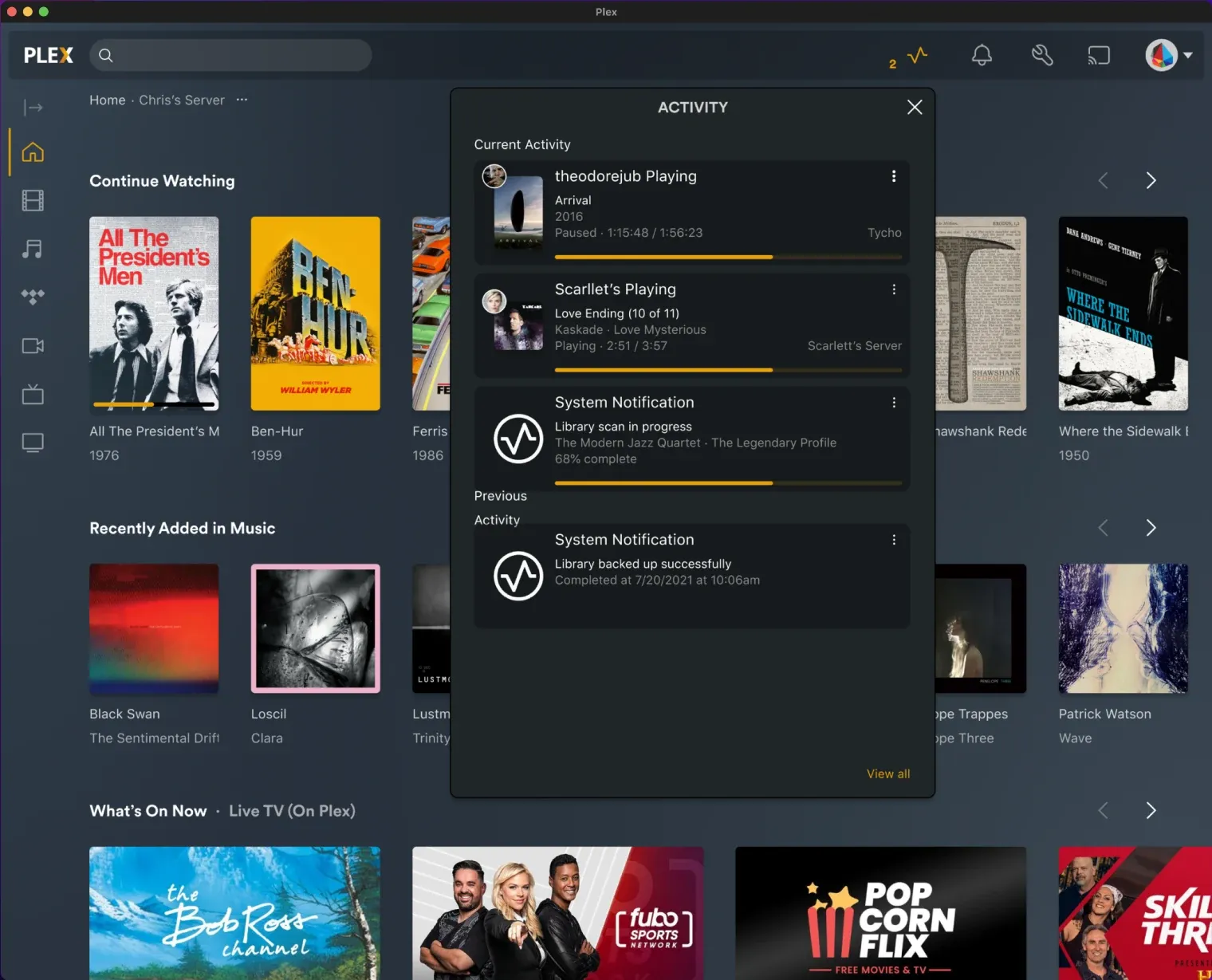 The Plex desktop app with the activity panel open over the home screen
