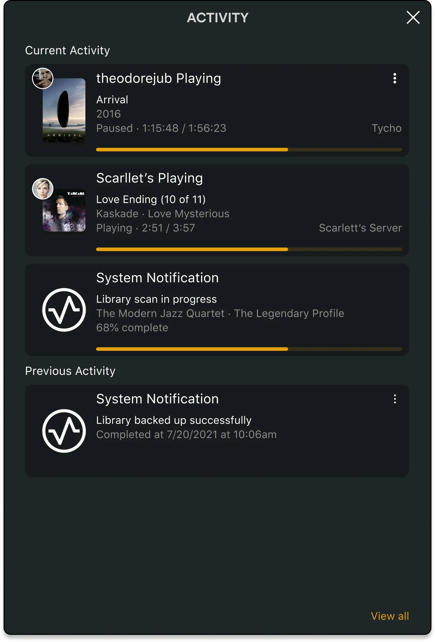The activity panel: current and earlier activity, each with artwork and a timestamp