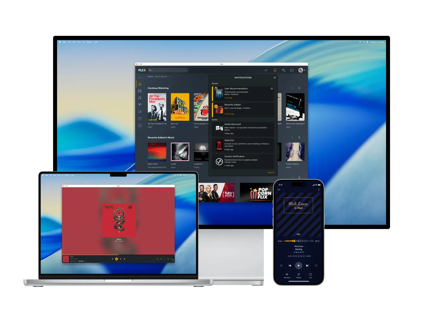 The Plex app on a television, a laptop, and a phone