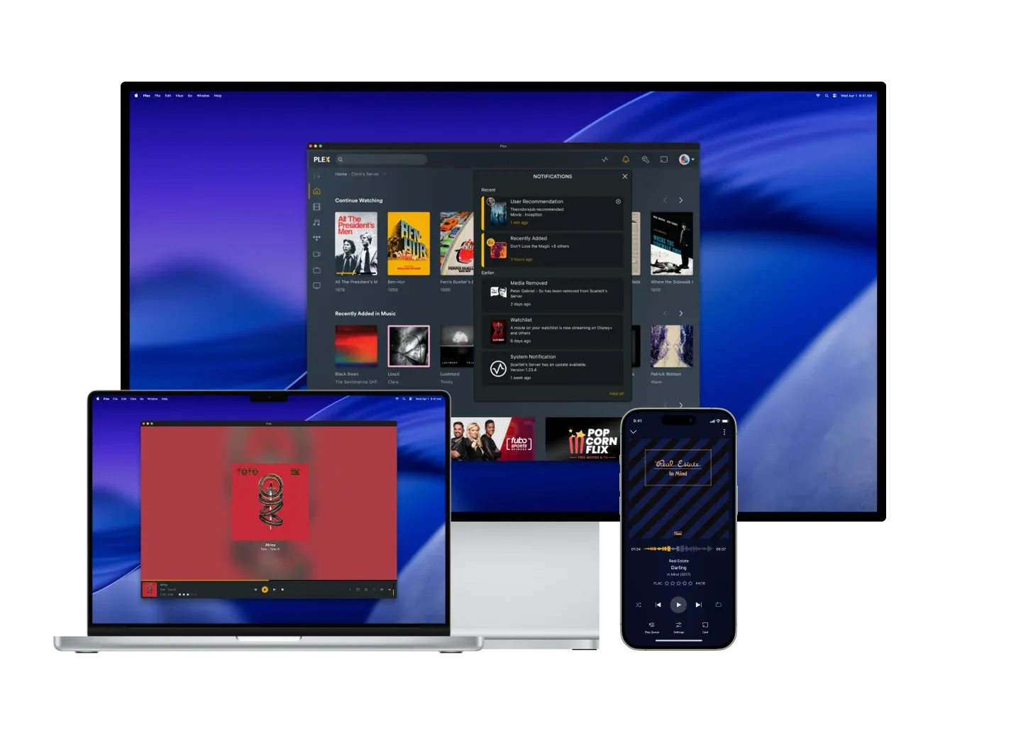 The Plex app on a television, a laptop, and a phone, with the notifications panel open on the TV