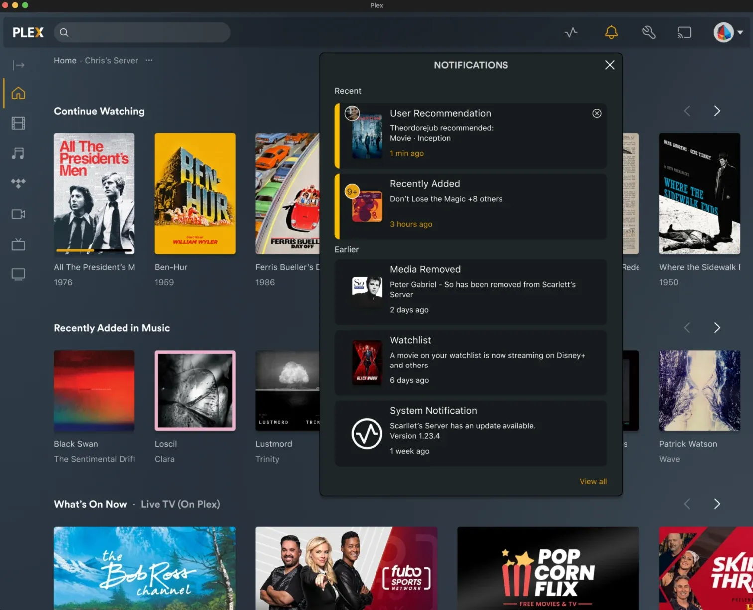 The Plex desktop app with the notifications panel open over the home screen
