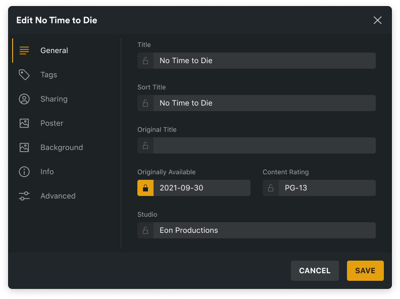 The new General edit modal: sidebar navigation, a lock button on each field, and no rating