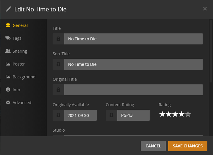 The old General edit modal: gray fields, an orange Save button, and a star rating beside the content rating