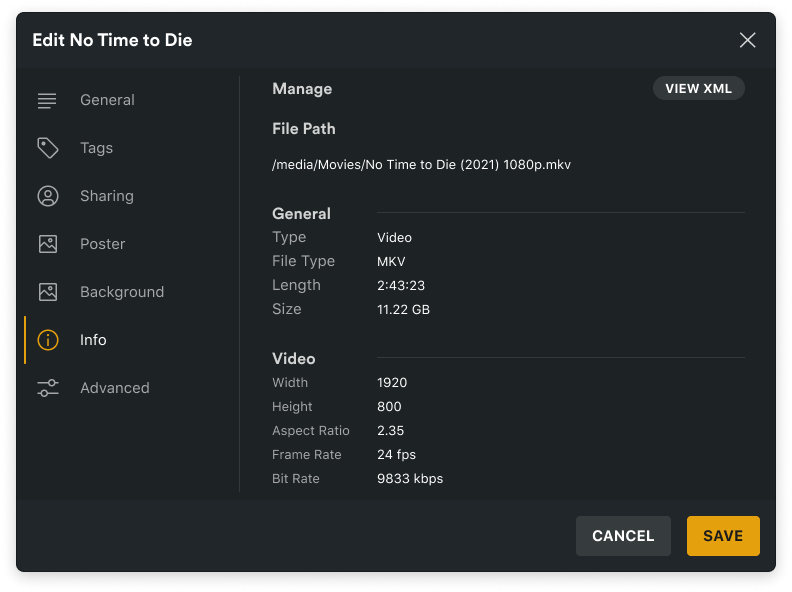 The new Info section: one column, grouped under General and Video headings