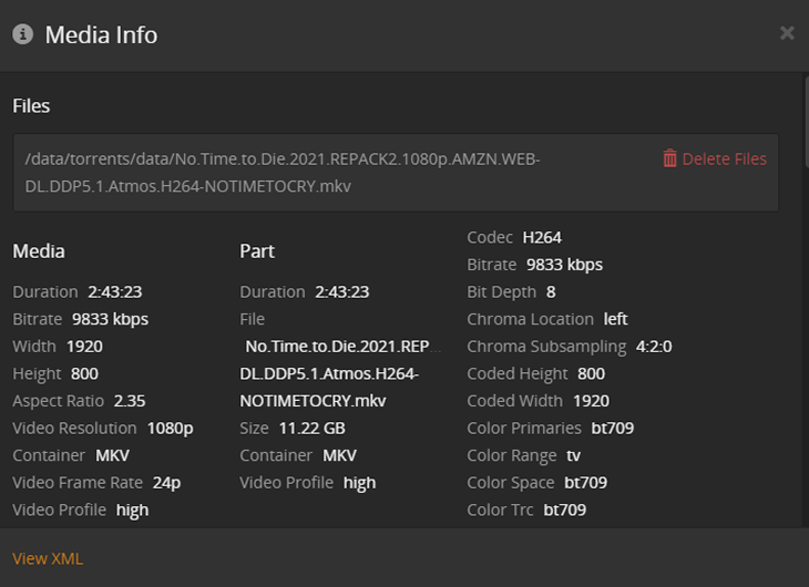 The old Media Info modal: three dense columns of file properties under a long file path
