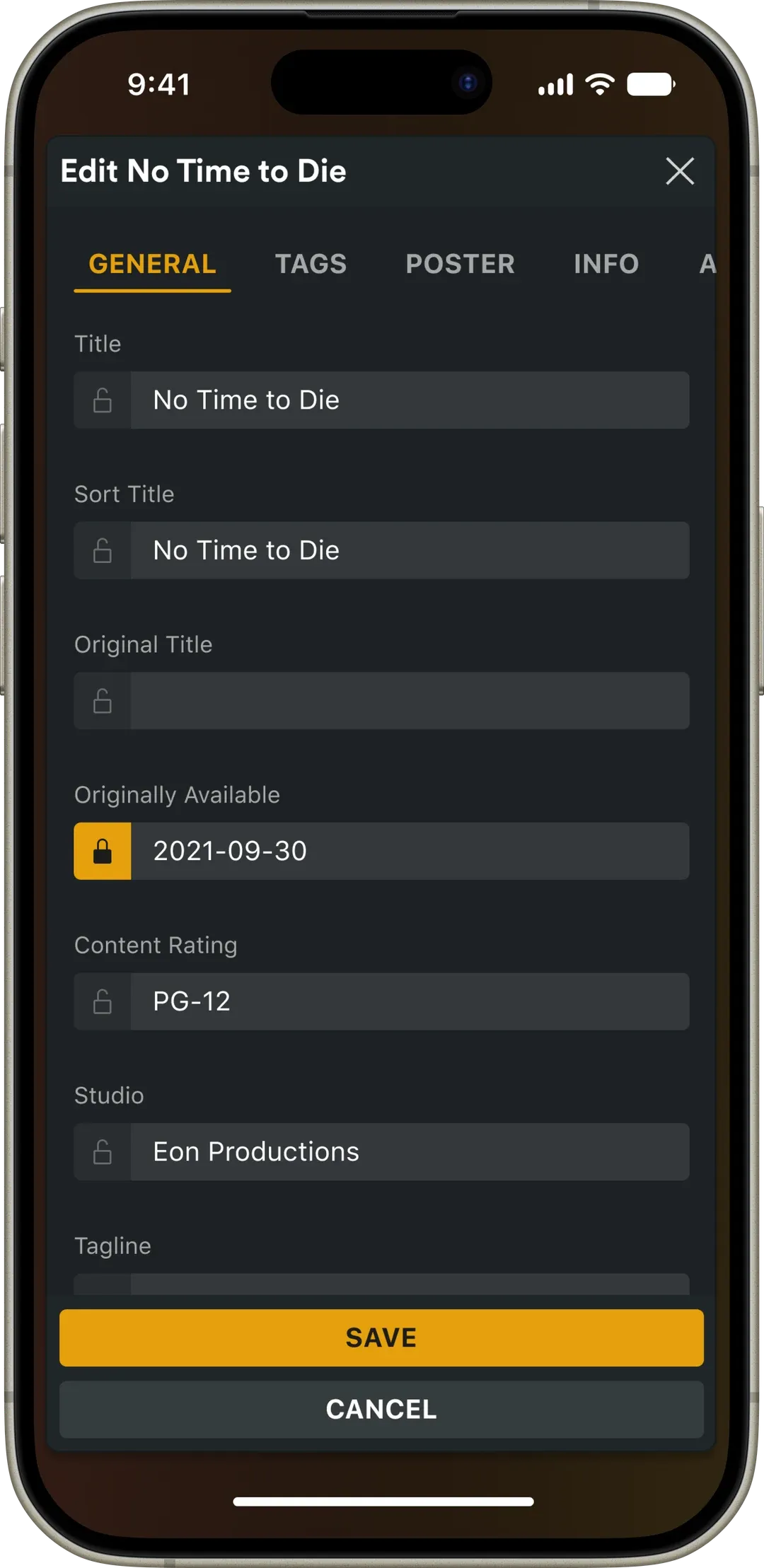 The General edit modal on a phone, with the section navigation as a row of tabs