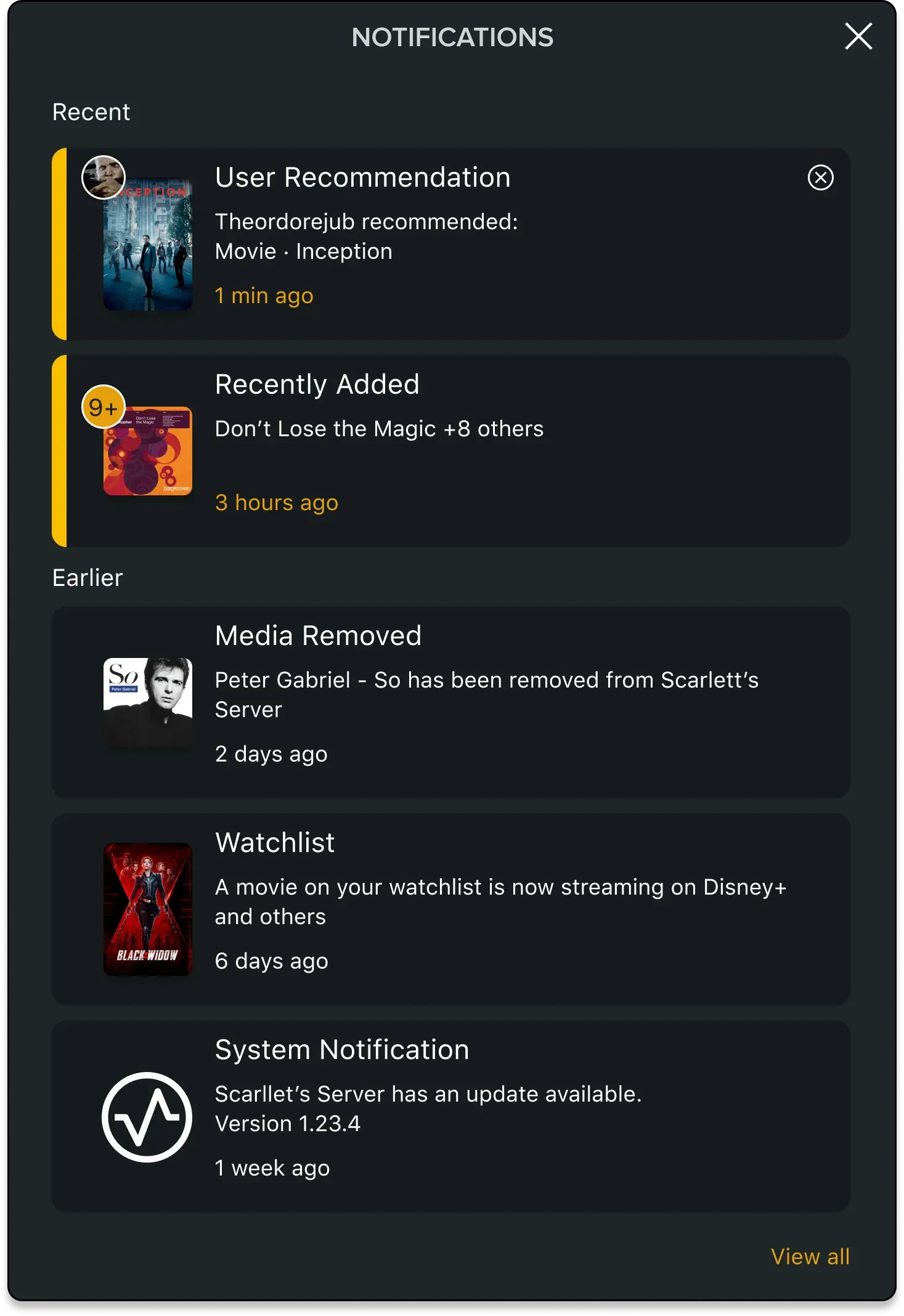 The notifications panel: recent and earlier messages, each with artwork, a title, and a timestamp