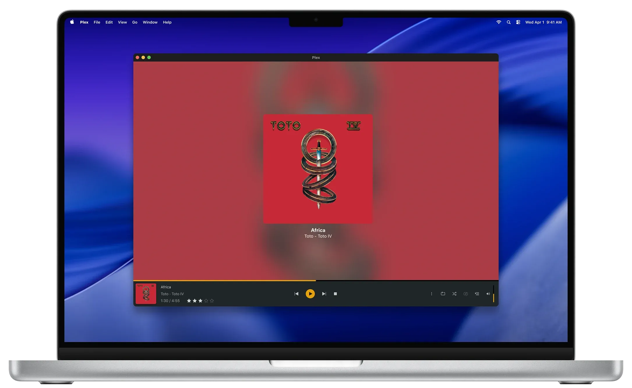 The Plex desktop player on a laptop, playing Africa by Toto with the player bar along the bottom