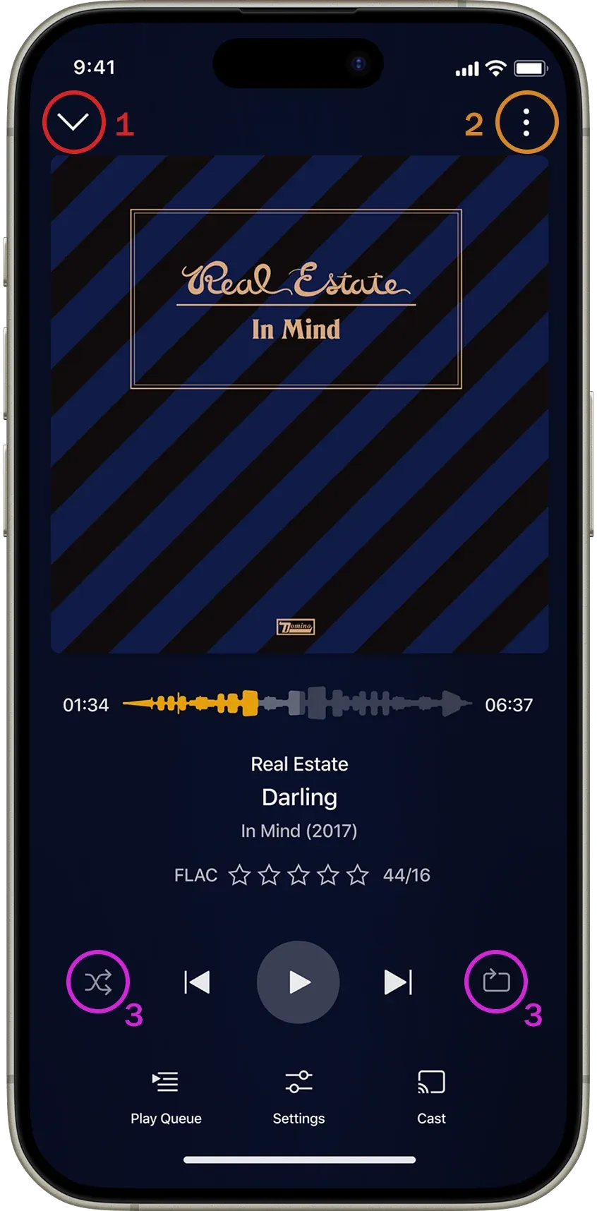 The proposed Plexamp player on iPhone: minimize and overflow at the top, shuffle and repeat beside playback, labels under the bottom bar
