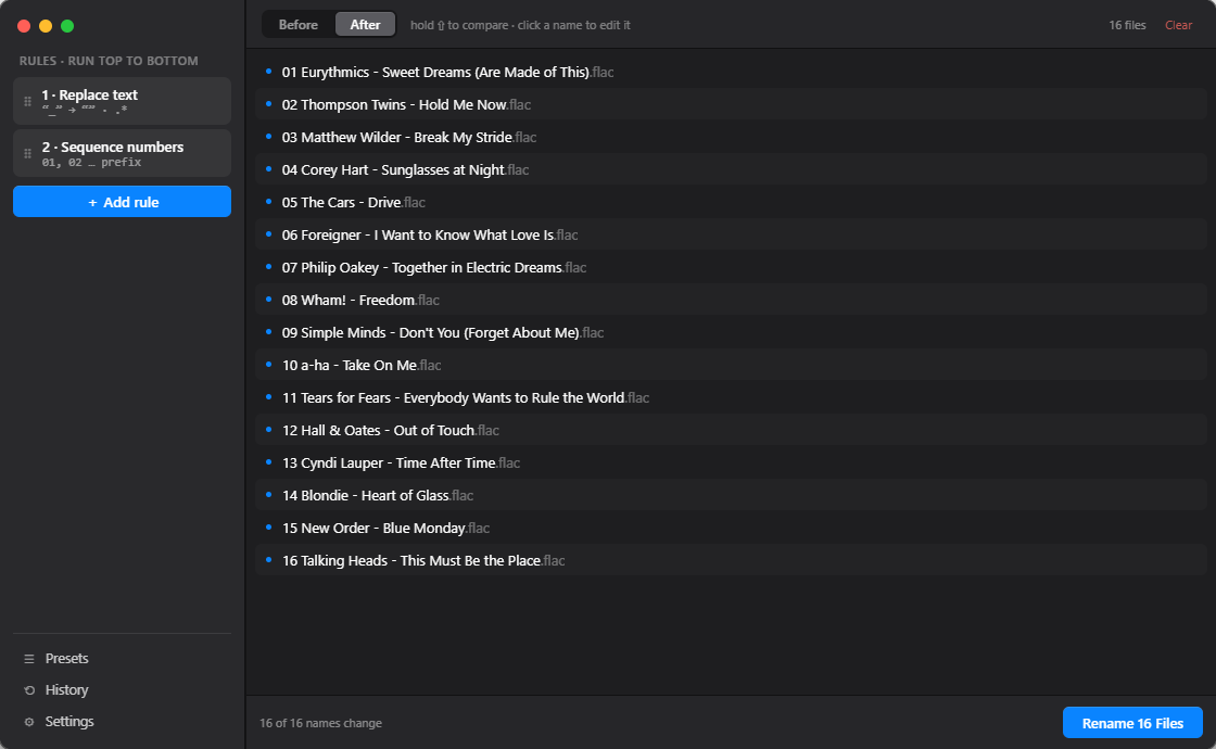The same sixteen files with After selected: underscores gone, title case, two-digit numbers, and the footer reading 16 of 16 names change
