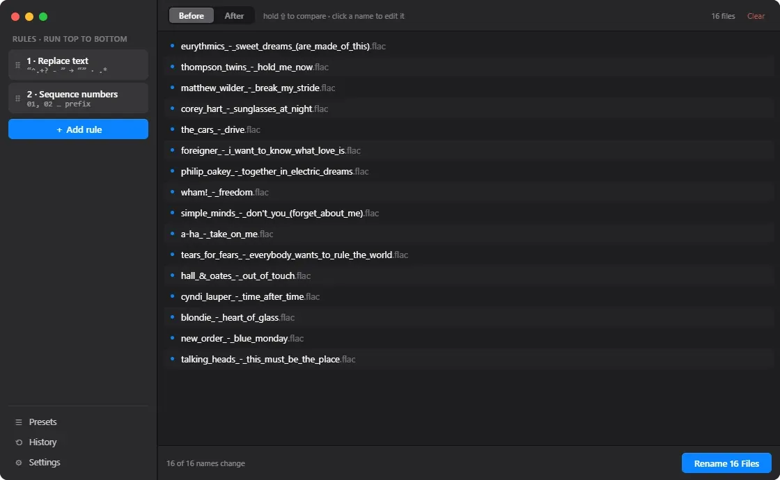 Relabel on macOS: two rules in the sidebar beside sixteen lowercase, underscored FLAC filenames, and a footer counting how many names change