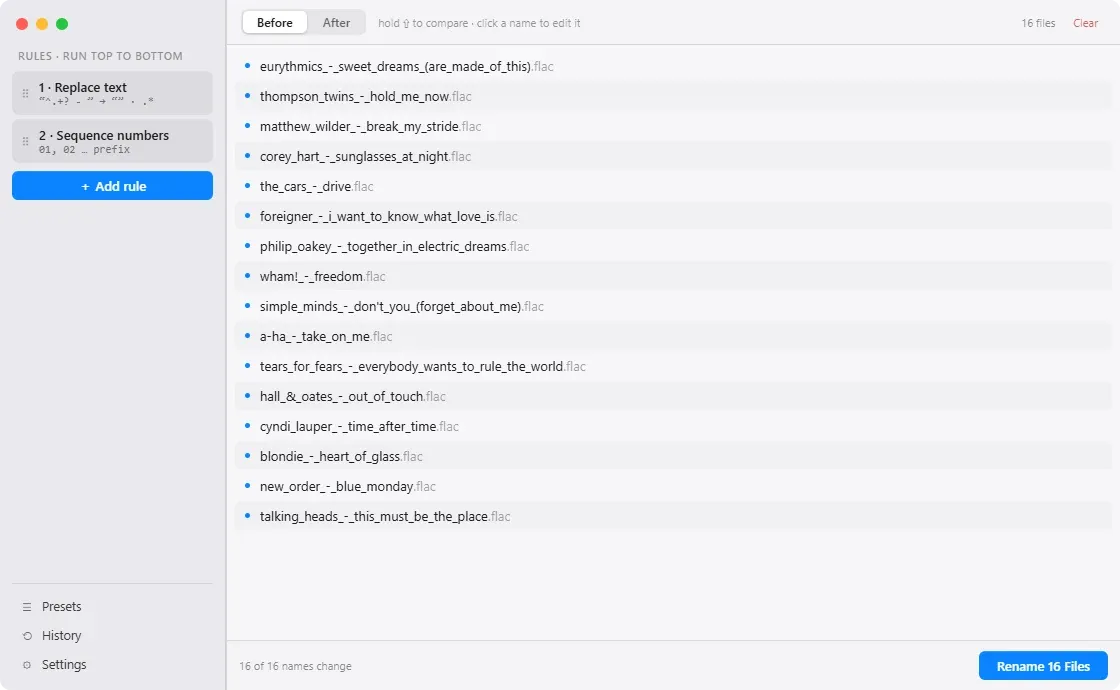 Relabel on macOS: two rules in the sidebar beside sixteen lowercase, underscored FLAC filenames, and a footer counting how many names change