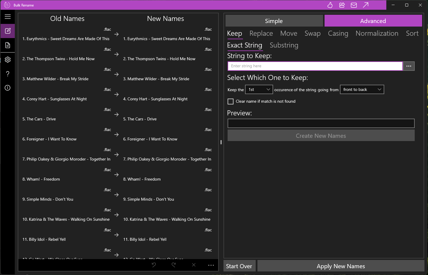 Bulk Rename on Windows: Old Names and New Names columns on the left, Simple and Advanced tabs and an operation form on the right
