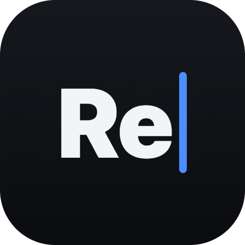 The Relabel app icon: the letters Re in heavy type beside a blue text cursor, on a rounded macOS app tile