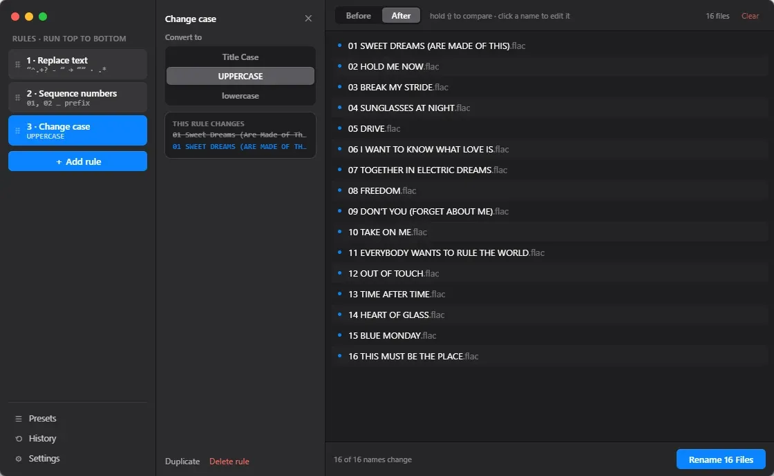 A third rule open in the Change case editor, showing the old name struck through above the new one