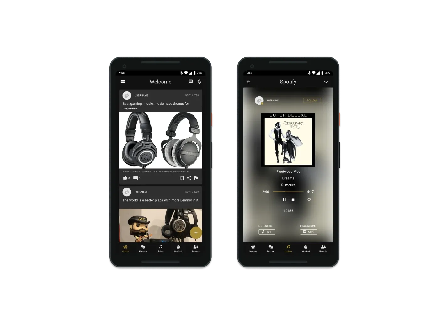Two phones showing the Stylus home feed and the Spotify listen-along player