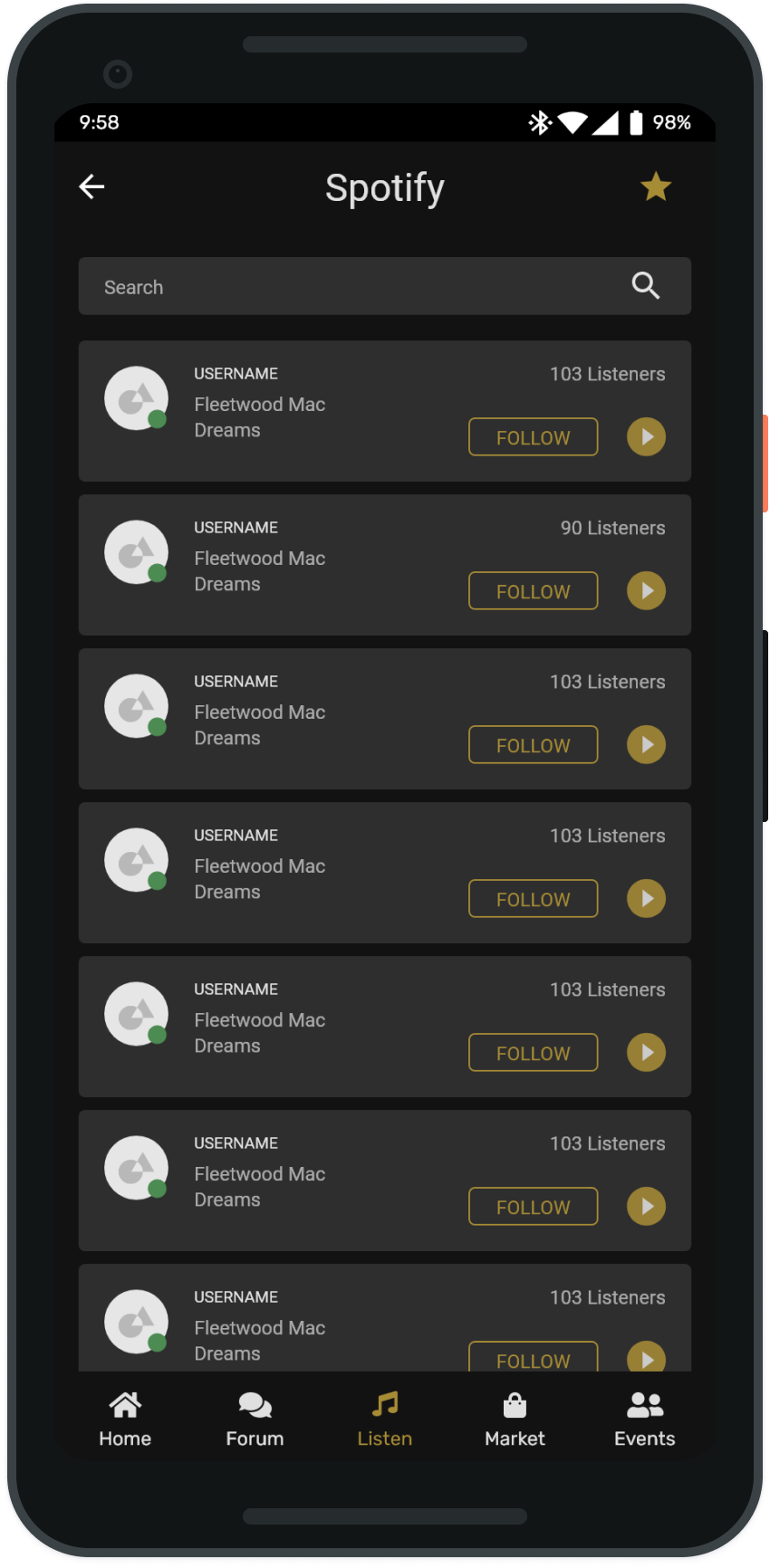 Spotify listeners list showing what each member is playing with follow and play buttons