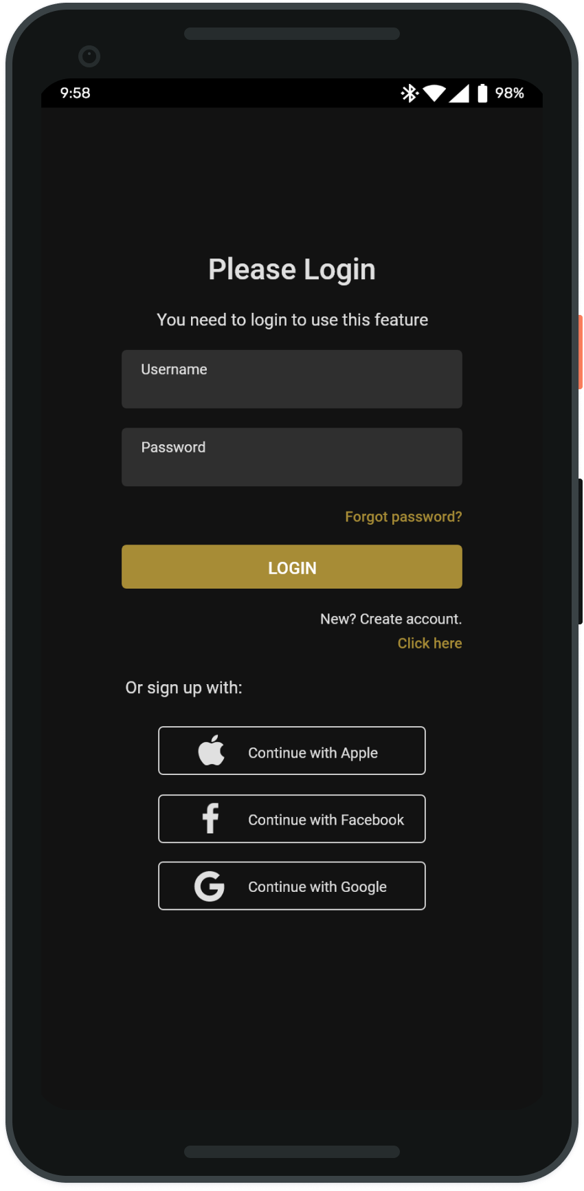 Login screen with username and password fields and sign-in options for Apple, Facebook, and Google