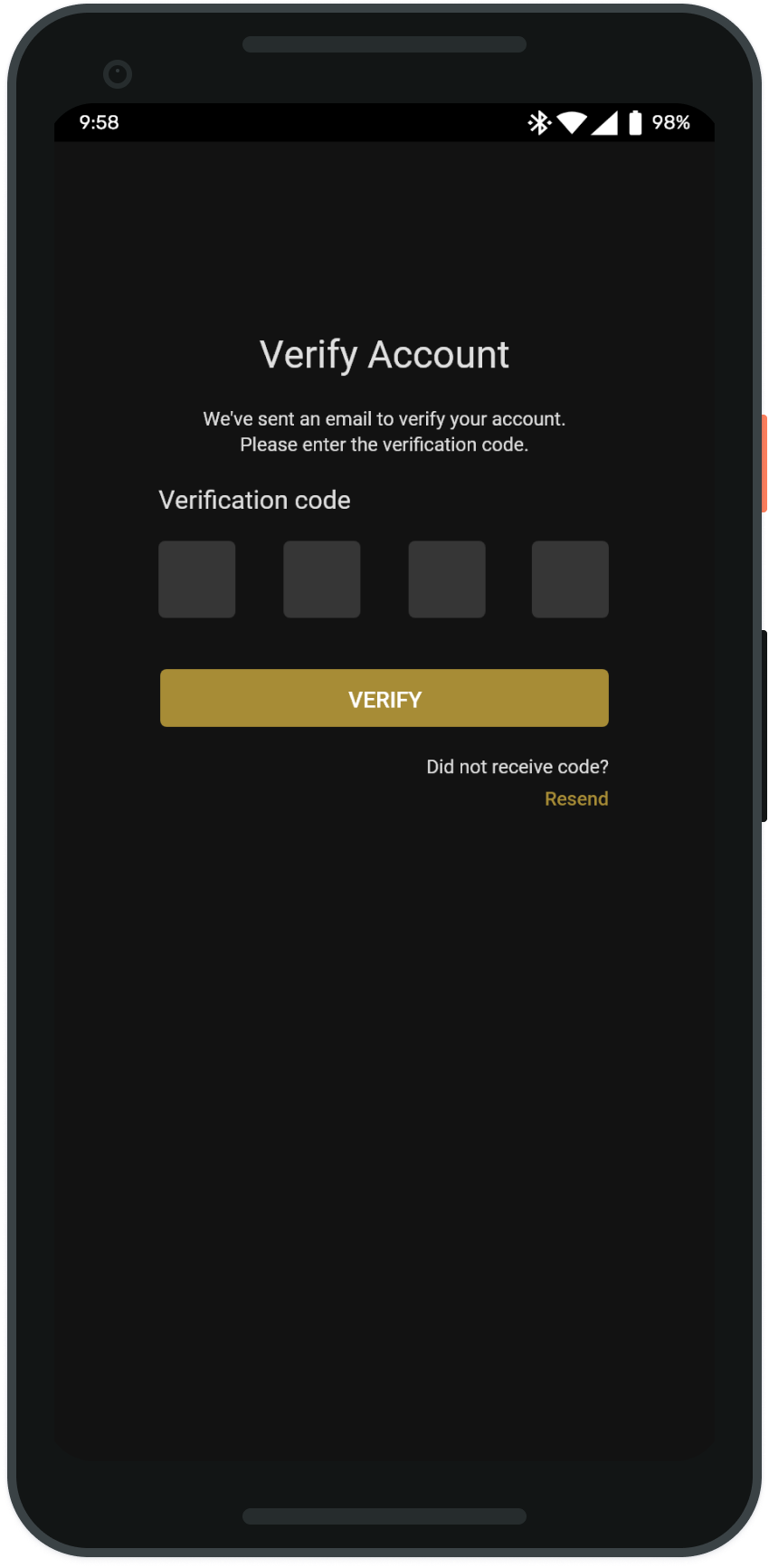 Verify account screen with a four-digit code entry