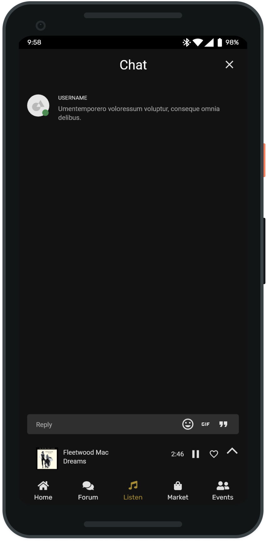 Group chat for the current track with the mini player docked above the tab bar