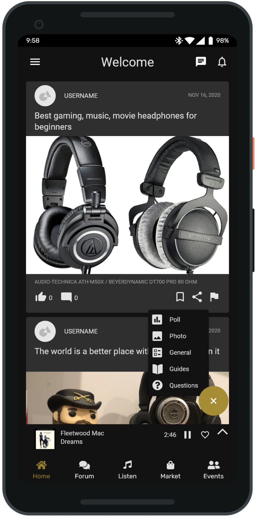 Stylus home feed with the add-post button expanded to show poll, photo, general, guides, and questions