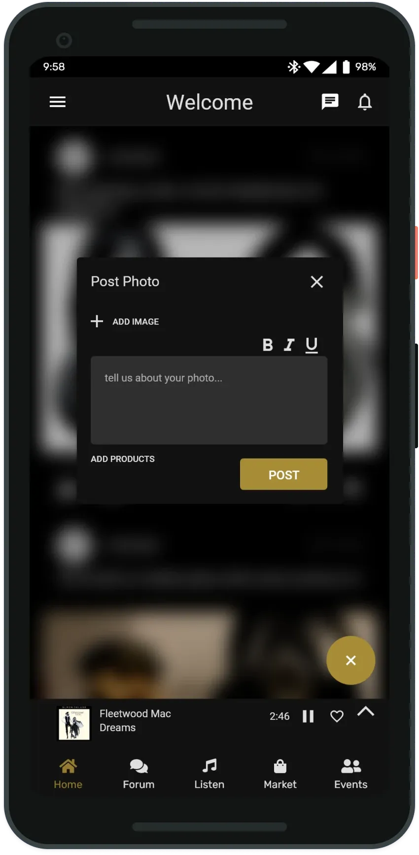 Post Photo composer over a blurred home feed, with add image, formatting, and an add-products option