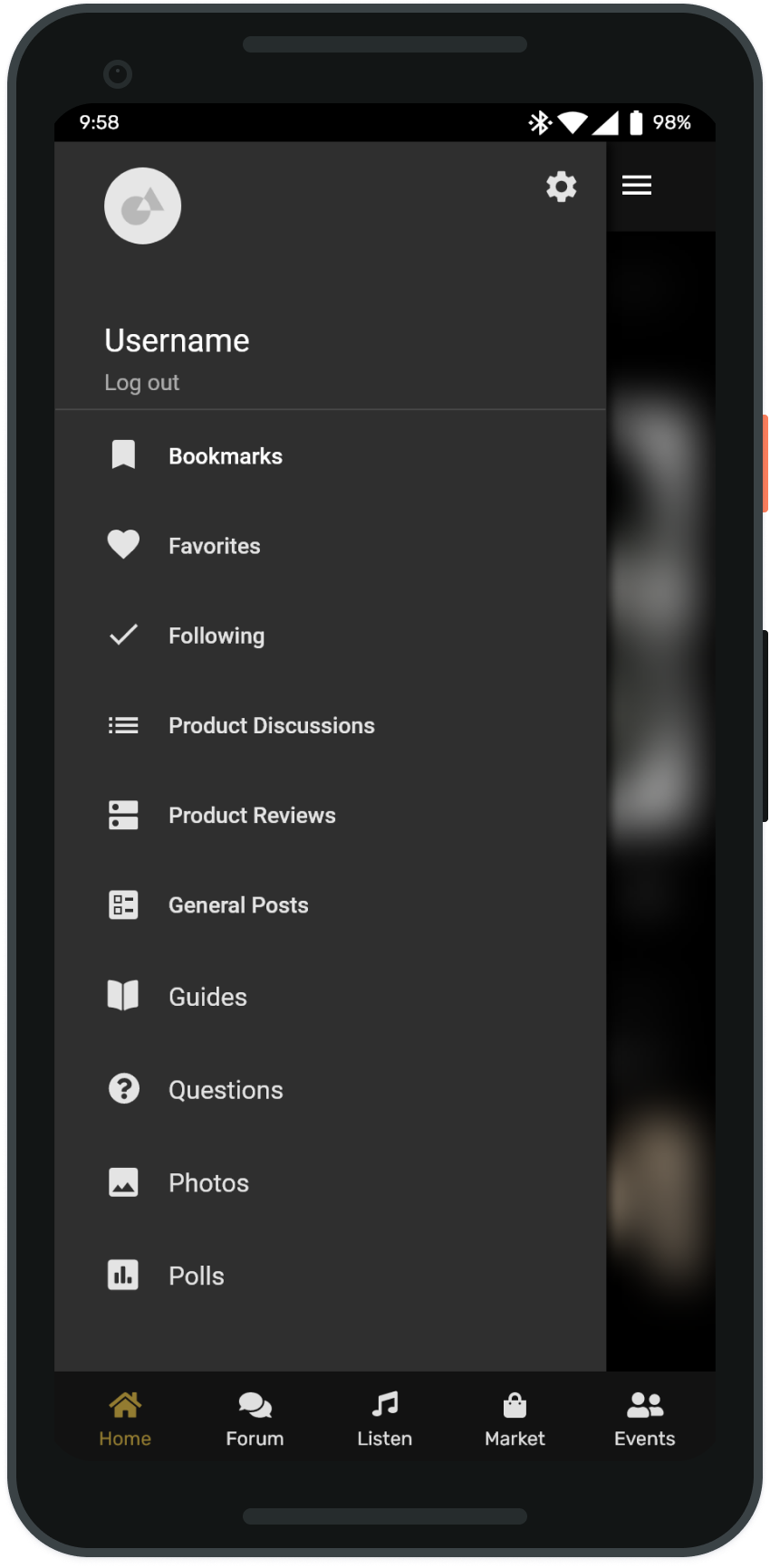 Stylus side menu listing bookmarks, favorites, following, product discussions, reviews, general posts, guides, questions, photos, and polls
