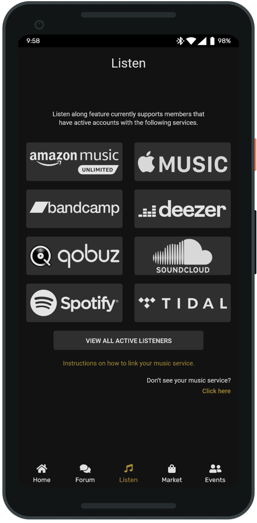 Listen screen showing supported services: Amazon Music, Apple Music, Bandcamp, Deezer, Qobuz, SoundCloud, Spotify, and Tidal