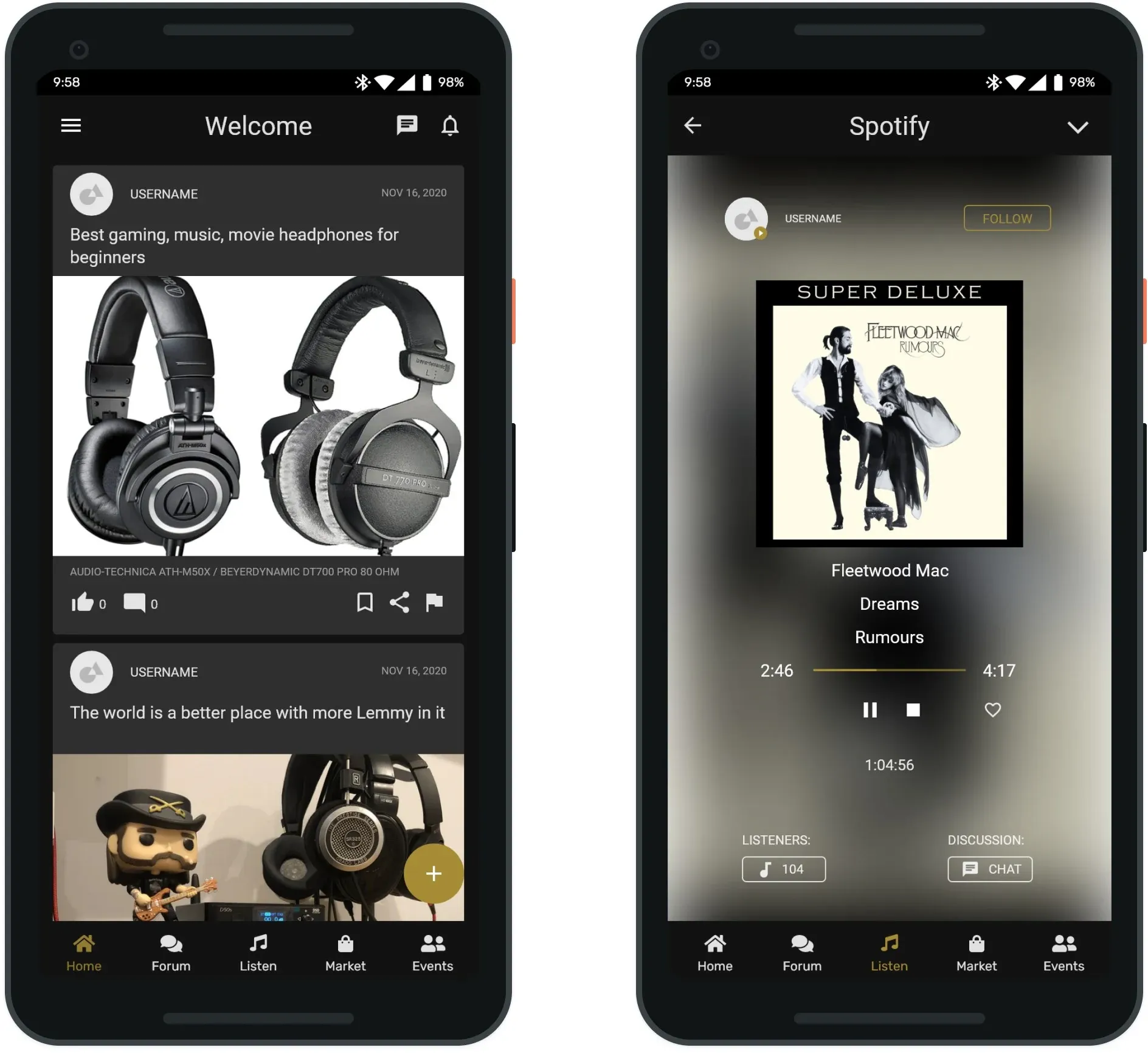 Two phones side by side: the Stylus home feed and the Spotify listen-along player