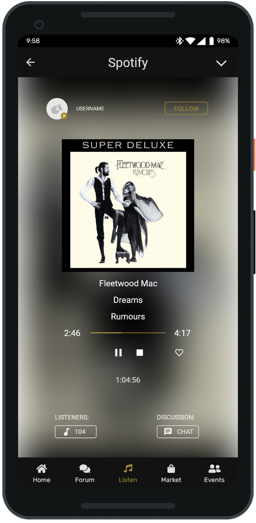 Spotify listen-along player showing Fleetwood Mac's Dreams with a listener count and a discussion button